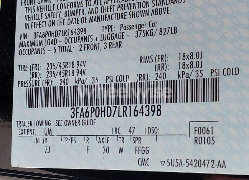 Photo 9 of 2020 Ford Fusion SE (VIN 3FA6P0HD7LR164398)