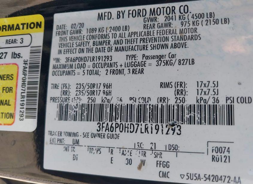 Photo 9 of 2020 Ford Fusion SE (VIN 3FA6P0HD7LR191293)
