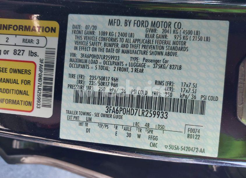 Photo 9 of 2020 Ford Fusion SE (VIN 3FA6P0HD7LR259933)