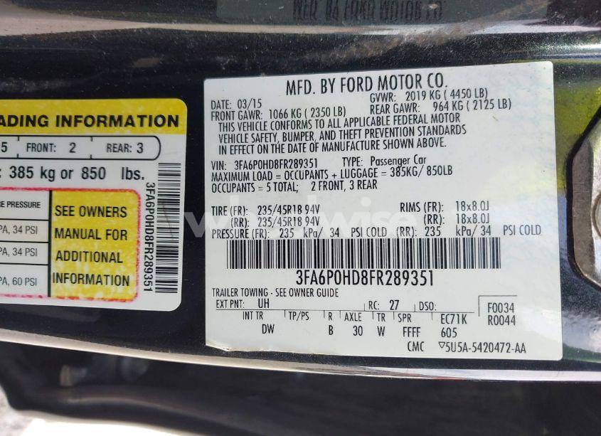 Photo 9 of 2015 Ford Fusion SE (VIN 3FA6P0HD8FR289351)
