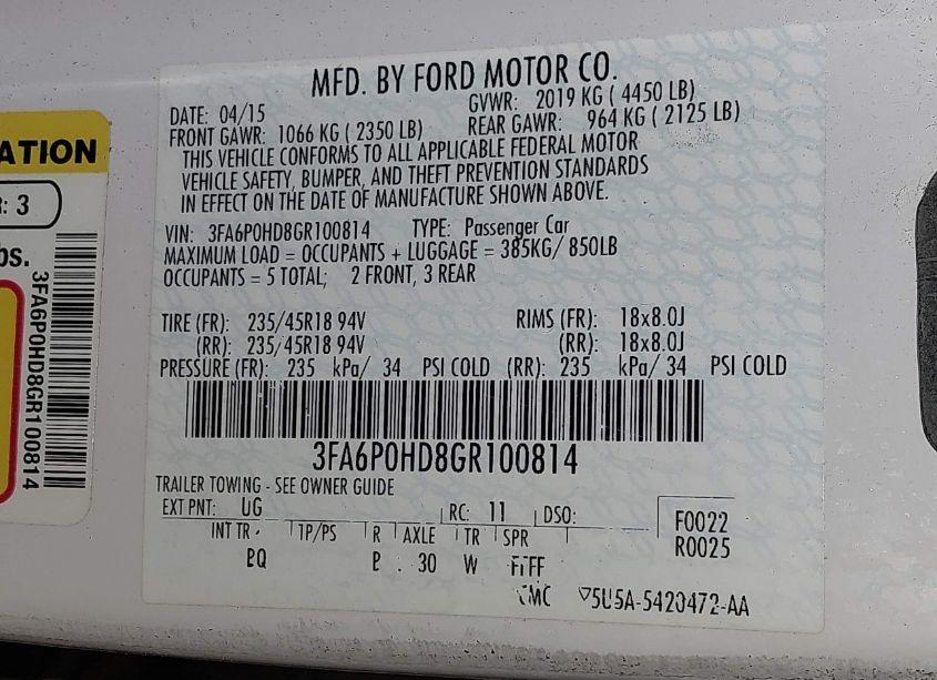 Photo 9 of 2016 Ford Fusion SE (VIN 3FA6P0HD8GR100814)