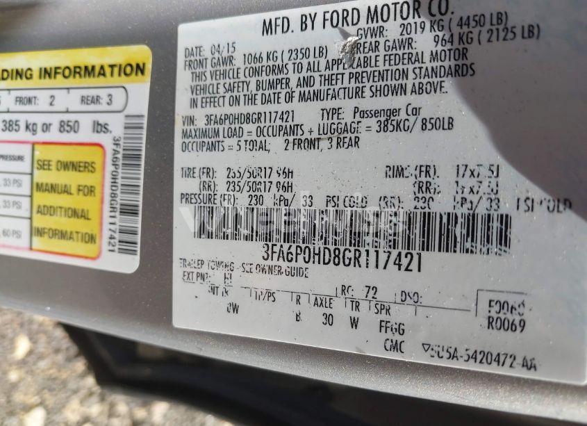 Photo 9 of 2016 Ford Fusion SE (VIN 3FA6P0HD8GR117421)