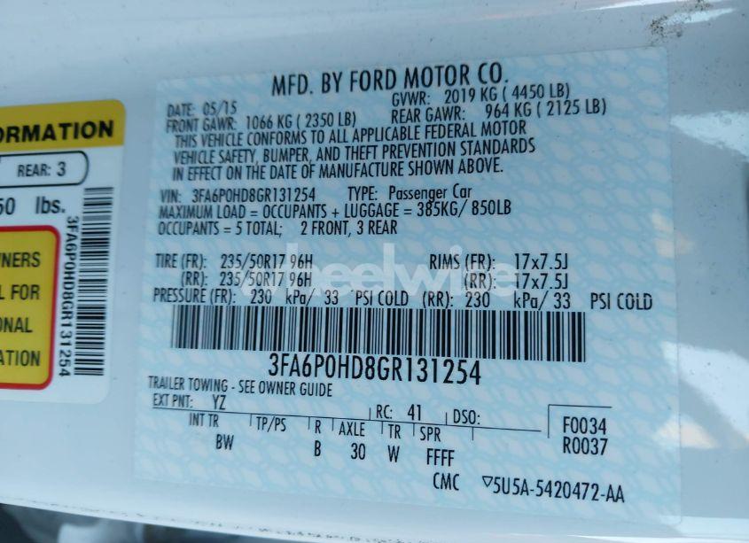 Photo 9 of 2016 Ford Fusion SE (VIN 3FA6P0HD8GR131254)