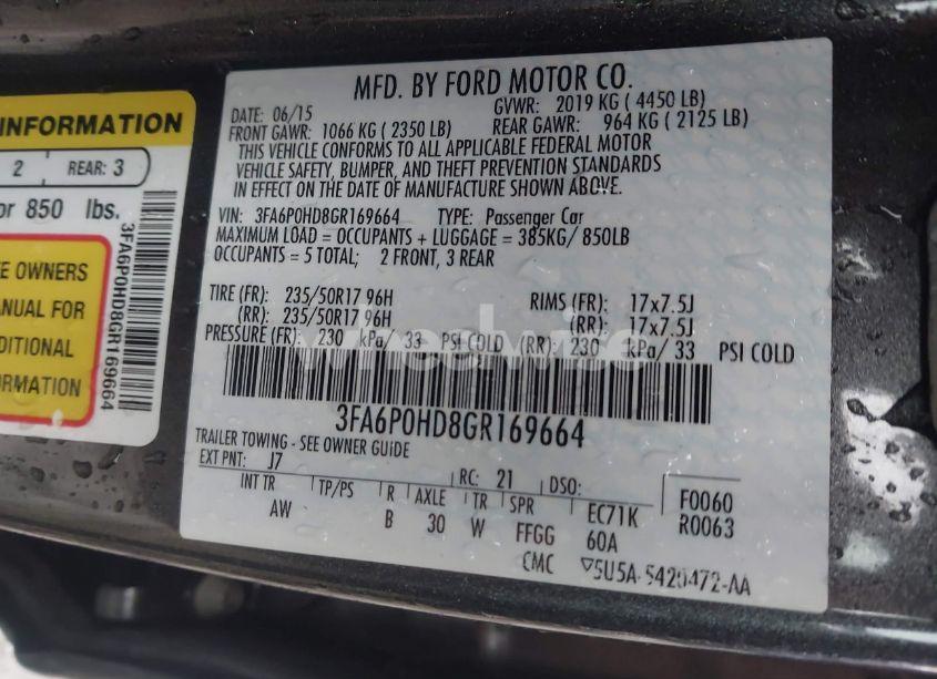 Photo 9 of 2016 Ford Fusion SE (VIN 3FA6P0HD8GR169664)