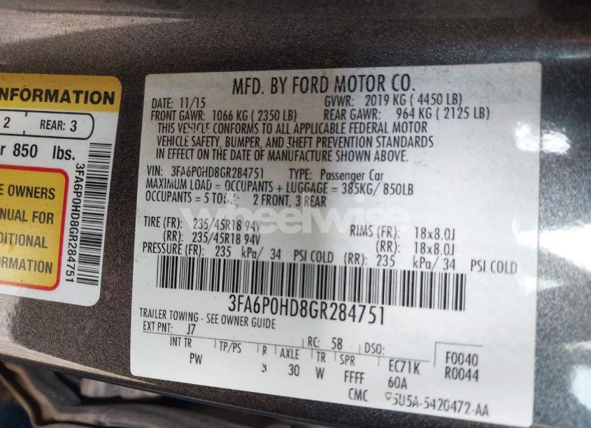 Photo 9 of 2016 Ford Fusion SE (VIN 3FA6P0HD8GR284751)