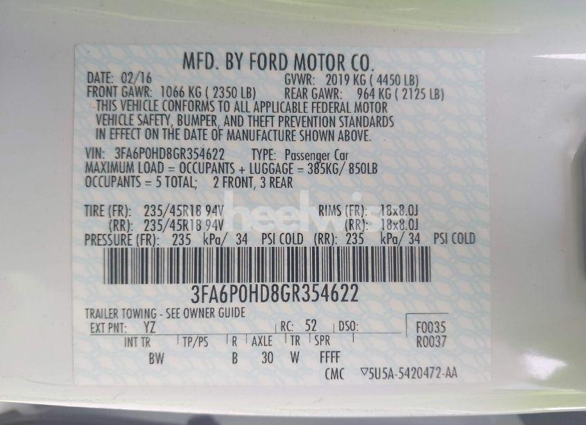 Photo 9 of 2016 Ford Fusion SE (VIN 3FA6P0HD8GR354622)