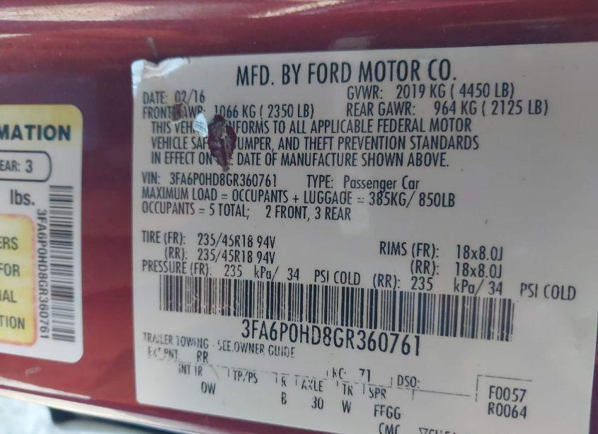 Photo 9 of 2016 Ford Fusion SE (VIN 3FA6P0HD8GR360761)