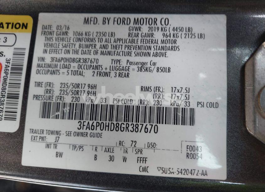 Photo 9 of 2016 Ford Fusion SE (VIN 3FA6P0HD8GR387670)