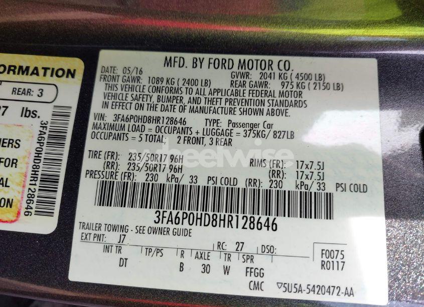 Photo 9 of 2017 Ford Fusion SE (VIN 3FA6P0HD8HR128646)