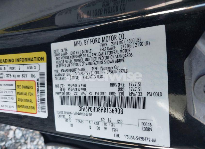 Photo 9 of 2017 Ford Fusion SE (VIN 3FA6P0HD8HR136908)