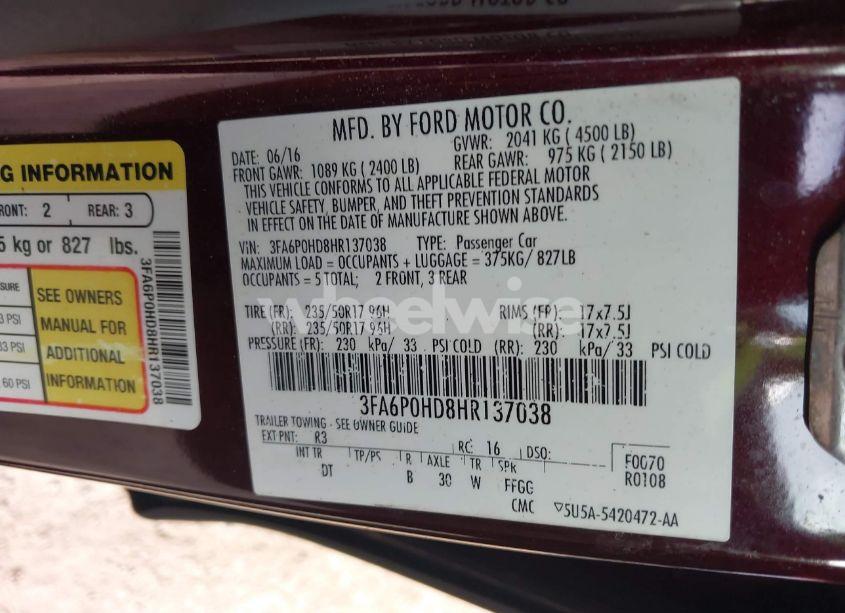 Photo 9 of 2017 Ford Fusion SE (VIN 3FA6P0HD8HR137038)