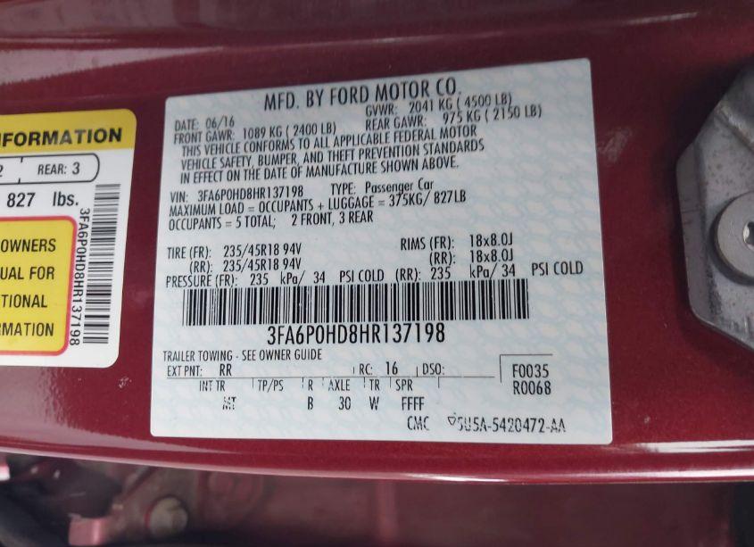 Photo 9 of 2017 Ford Fusion SE (VIN 3FA6P0HD8HR137198)