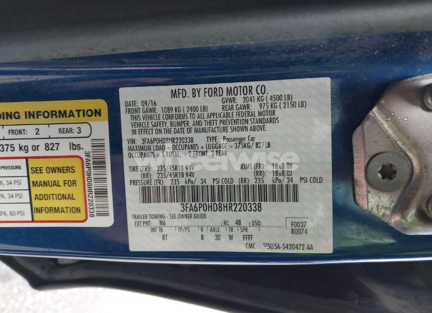 Photo 9 of 2017 Ford Fusion SE (VIN 3FA6P0HD8HR220338)