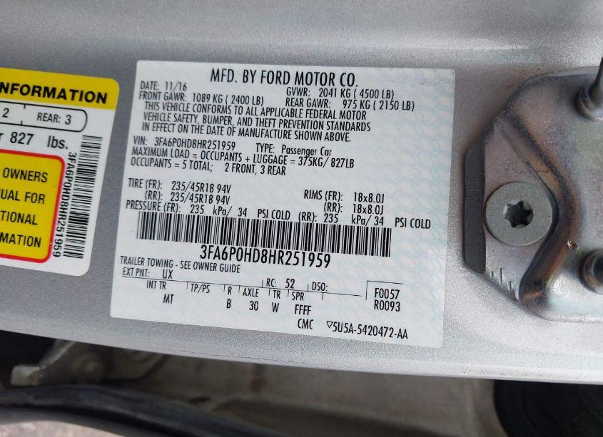 Photo 9 of 2017 Ford Fusion SE (VIN 3FA6P0HD8HR251959)