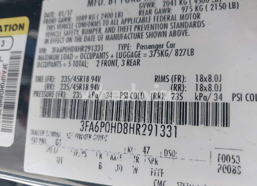 Photo 9 of 2017 Ford Fusion SE (VIN 3FA6P0HD8HR291331)