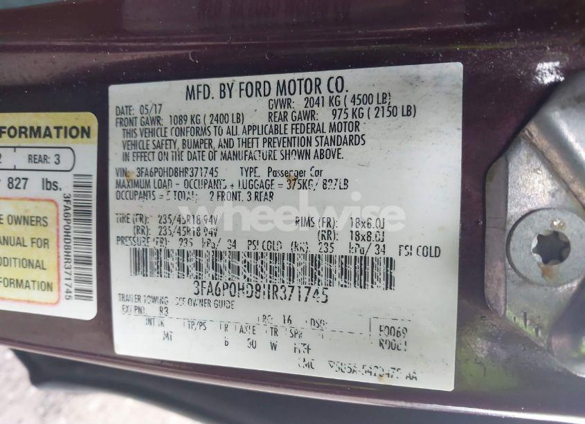 Photo 9 of 2017 Ford Fusion SE (VIN 3FA6P0HD8HR371745)