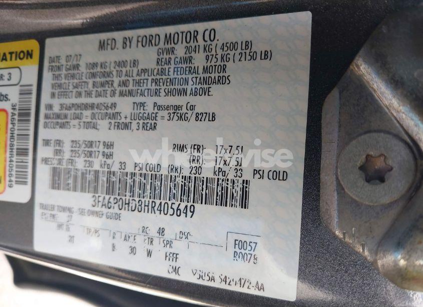 Photo 9 of 2017 Ford Fusion SE (VIN 3FA6P0HD8HR405649)