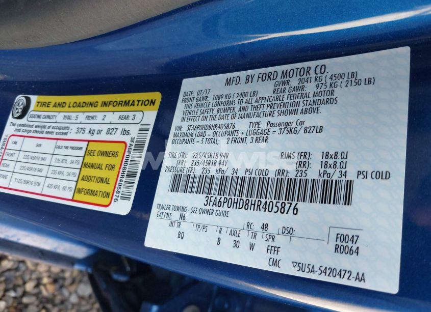 Photo 9 of 2017 Ford Fusion SE (VIN 3FA6P0HD8HR405876)