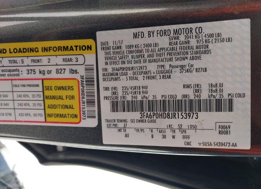 Photo 9 of 2018 Ford Fusion SE (VIN 3FA6P0HD8JR153973)