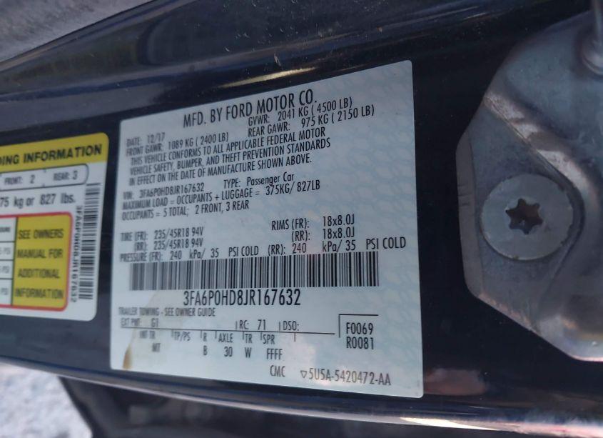 Photo 9 of 2018 Ford Fusion SE (VIN 3FA6P0HD8JR167632)