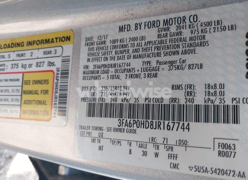 Photo 9 of 2018 Ford Fusion SE (VIN 3FA6P0HD8JR167744)