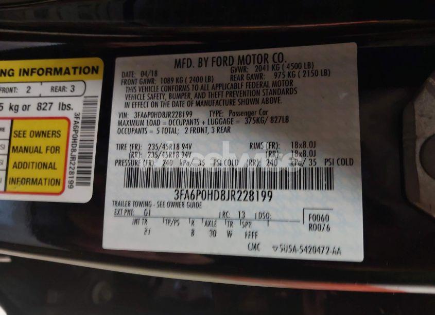 Photo 9 of 2018 Ford Fusion SE (VIN 3FA6P0HD8JR228199)