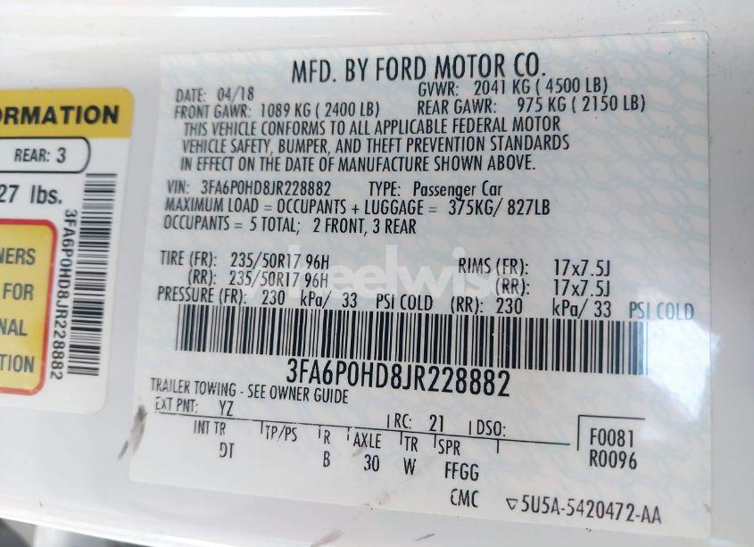 Photo 9 of 2018 Ford Fusion SE (VIN 3FA6P0HD8JR228882)