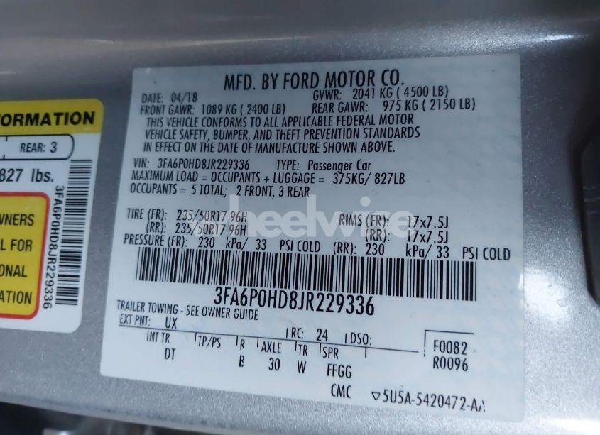 Photo 9 of 2018 Ford Fusion SE (VIN 3FA6P0HD8JR229336)