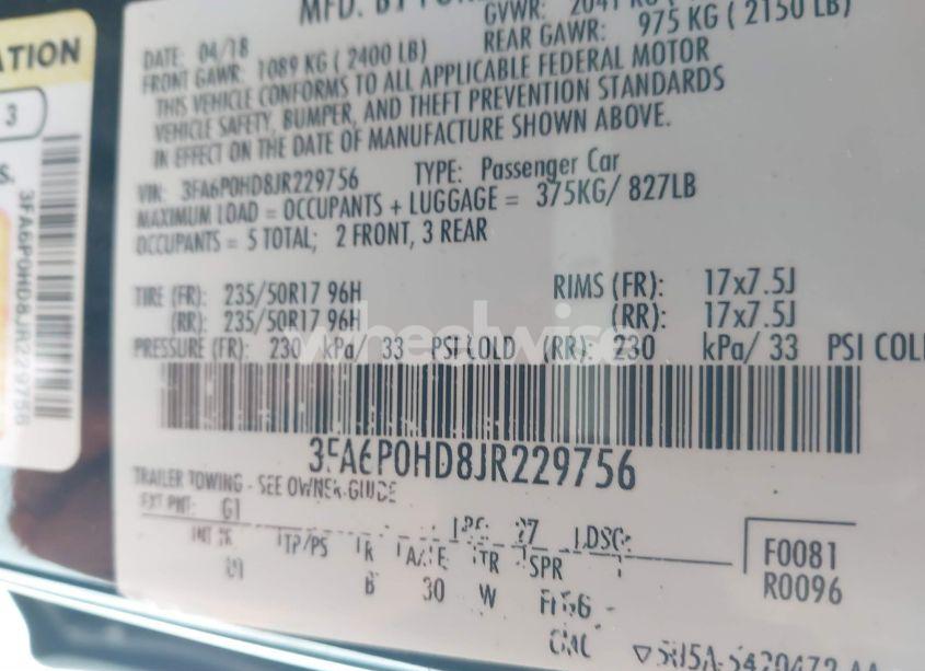 Photo 9 of 2018 Ford Fusion SE (VIN 3FA6P0HD8JR229756)