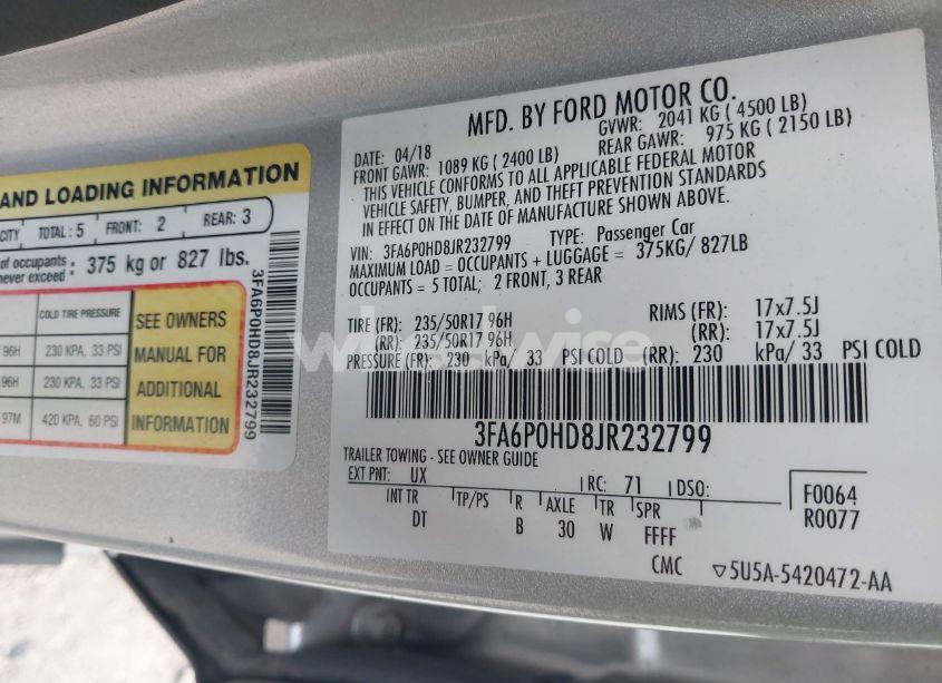 Photo 9 of 2018 Ford Fusion SE (VIN 3FA6P0HD8JR232799)
