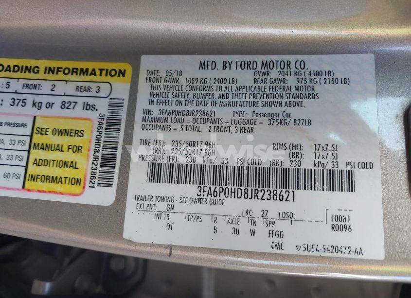 Photo 9 of 2018 Ford Fusion SE (VIN 3FA6P0HD8JR238621)