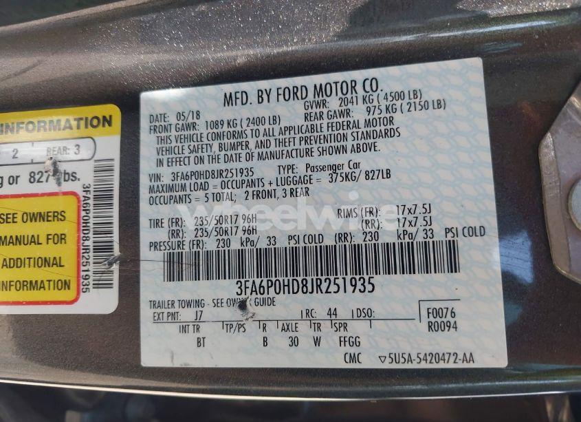 Photo 9 of 2018 Ford Fusion SE (VIN 3FA6P0HD8JR251935)