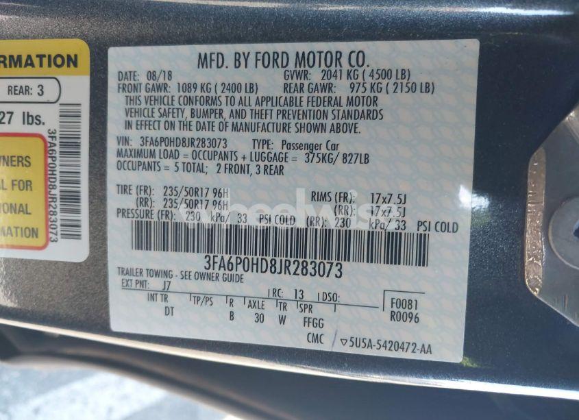 Photo 9 of 2018 Ford Fusion SE (VIN 3FA6P0HD8JR283073)