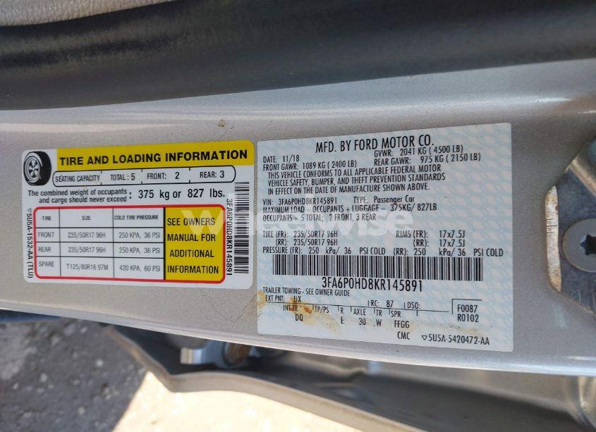 Photo 9 of 2019 Ford Fusion SE (VIN 3FA6P0HD8KR145891)