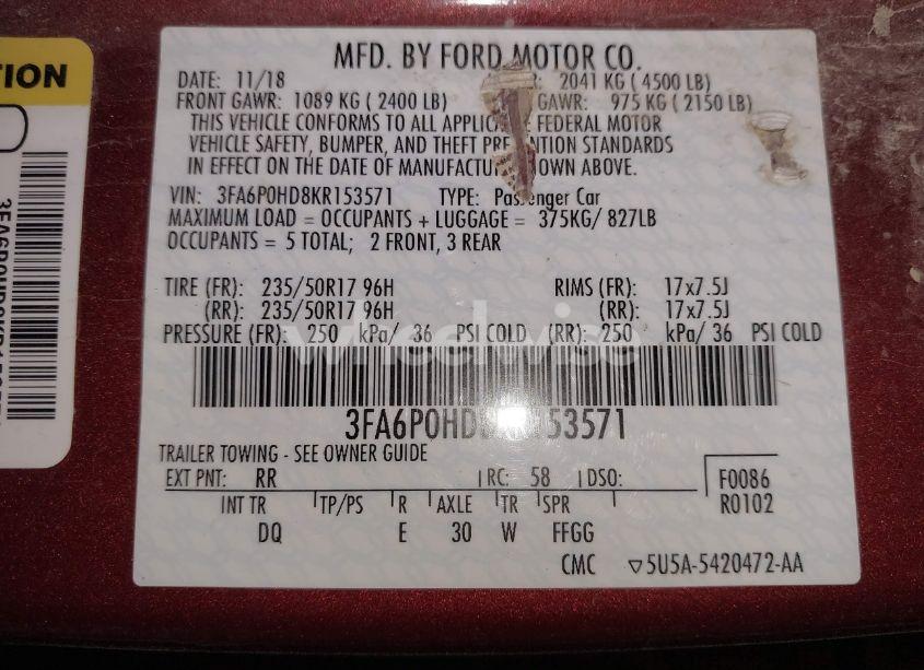 Photo 9 of 2019 Ford Fusion SE (VIN 3FA6P0HD8KR153571)