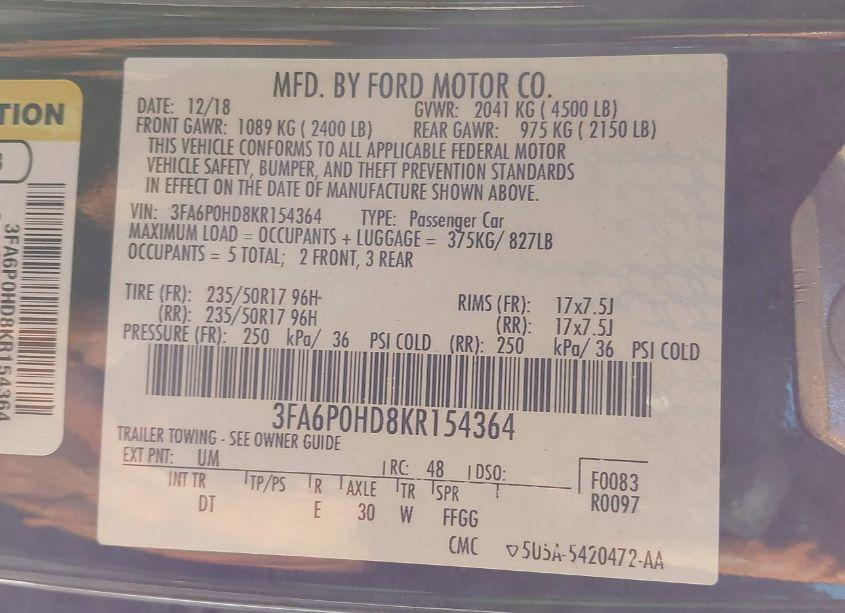 Photo 9 of 2019 Ford Fusion SE (VIN 3FA6P0HD8KR154364)