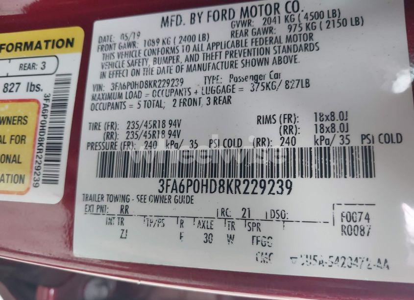 Photo 9 of 2019 Ford Fusion SE (VIN 3FA6P0HD8KR229239)