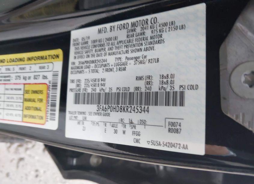 Photo 9 of 2019 Ford Fusion SE (VIN 3FA6P0HD8KR245344)