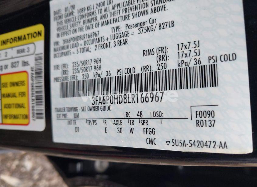 Photo 9 of 2020 Ford Fusion SE (VIN 3FA6P0HD8LR166967)