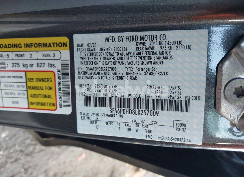 Photo 9 of 2020 Ford Fusion SE (VIN 3FA6P0HD8LR257009)