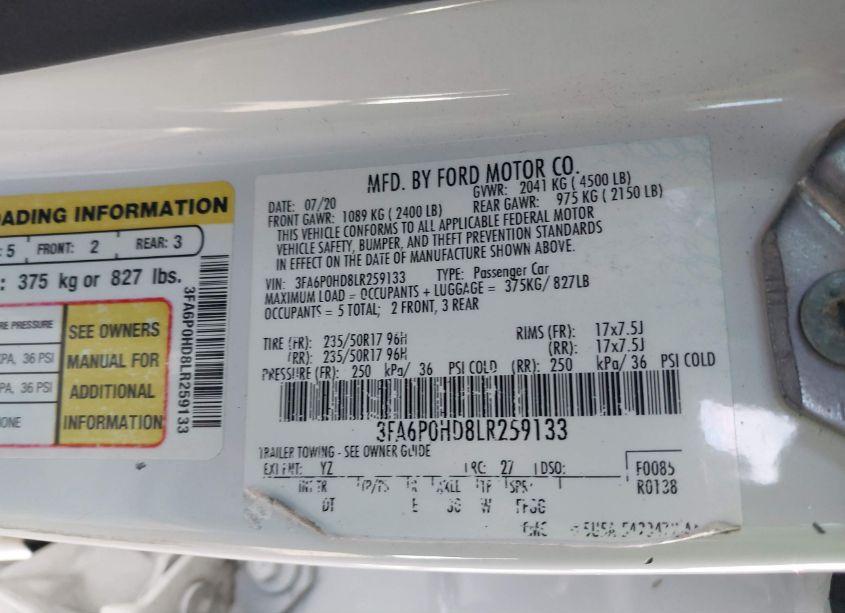 Photo 9 of 2020 Ford Fusion SE (VIN 3FA6P0HD8LR259133)