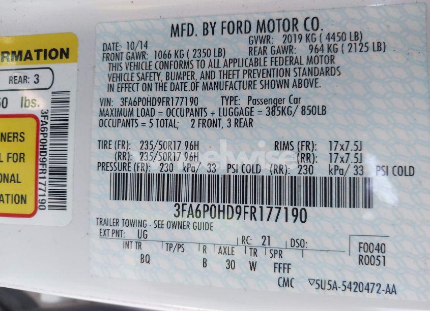 Photo 9 of 2015 Ford Fusion SE (VIN 3FA6P0HD9FR177190)