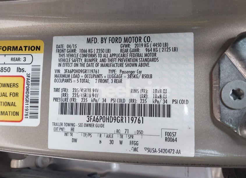 Photo 9 of 2016 Ford Fusion SE (VIN 3FA6P0HD9GR119761)