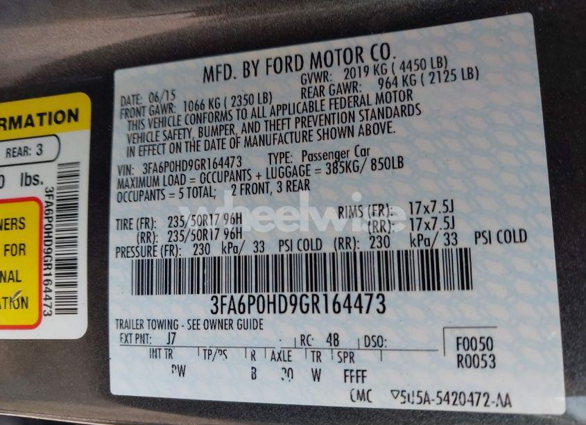 Photo 8 of 2016 Ford Fusion SE (VIN 3FA6P0HD9GR164473)