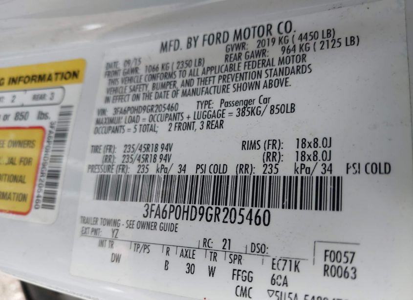 Photo 9 of 2016 Ford Fusion SE (VIN 3FA6P0HD9GR205460)