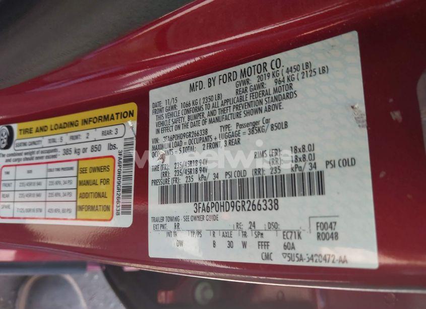 Photo 9 of 2016 Ford Fusion SE (VIN 3FA6P0HD9GR266338)