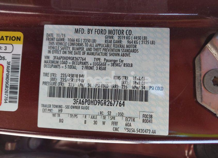 Photo 9 of 2016 Ford Fusion SE (VIN 3FA6P0HD9GR267764)