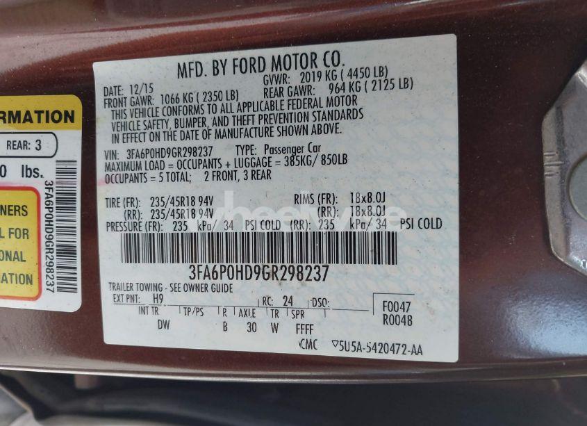 Photo 9 of 2016 Ford Fusion SE (VIN 3FA6P0HD9GR298237)