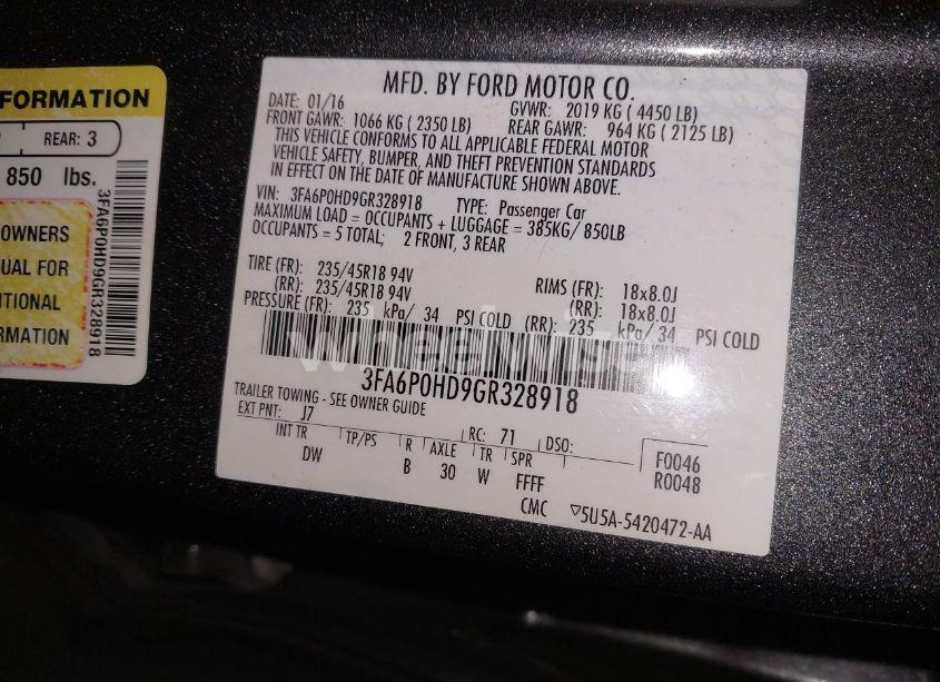 Photo 9 of 2016 Ford Fusion SE (VIN 3FA6P0HD9GR328918)