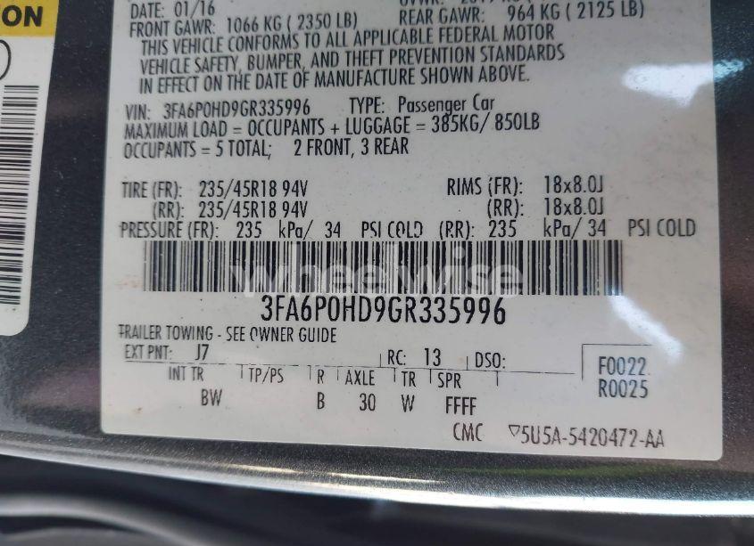 Photo 9 of 2016 Ford Fusion SE (VIN 3FA6P0HD9GR335996)